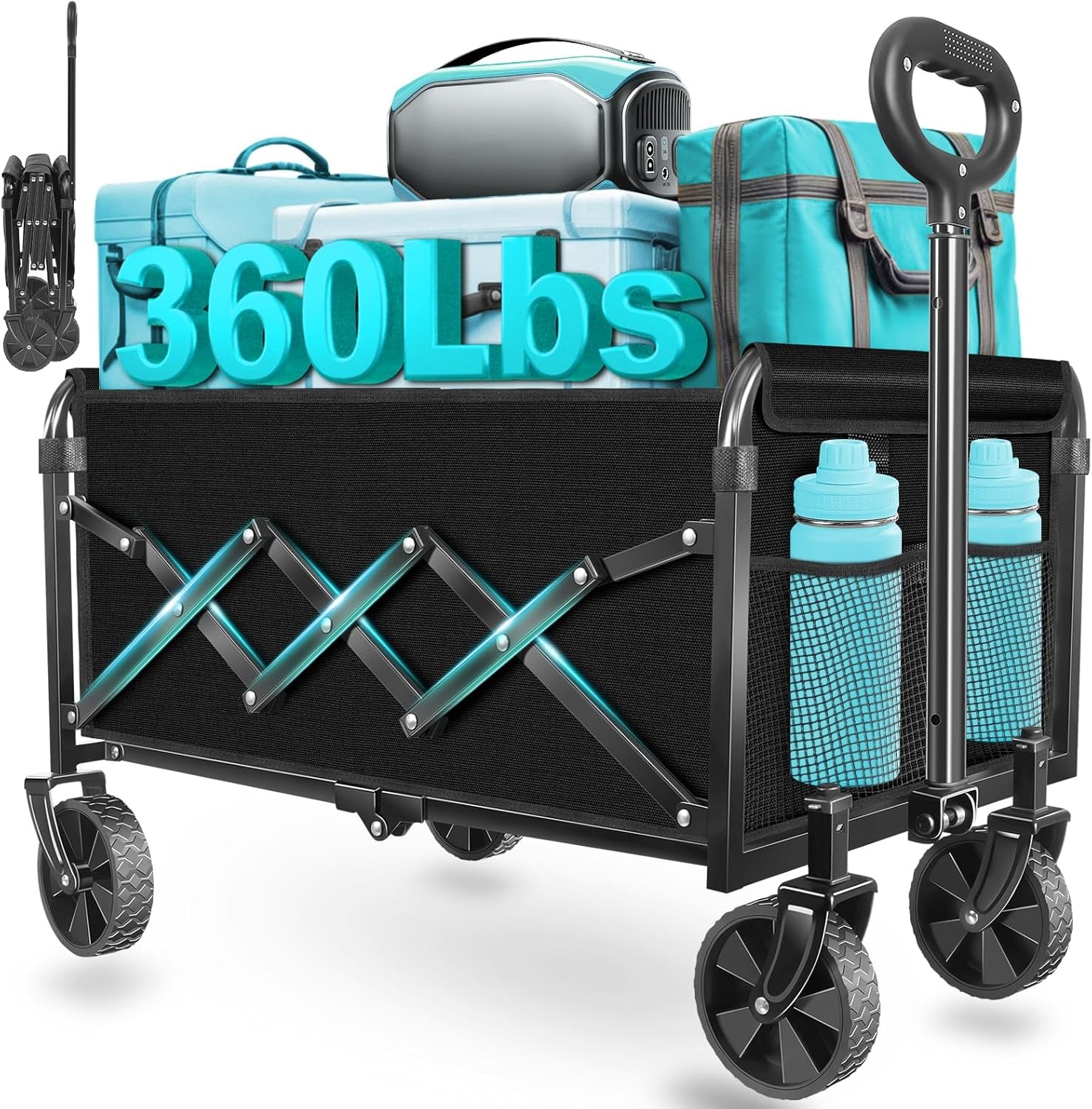 Heavy-Duty Foldable Wagon Cart with Wheels – Collapsible Utility Wagon for Beach, Camping, Groceries, Gardening, Sports & Travel, Portable Folding Wagon with 360 lb Capacity