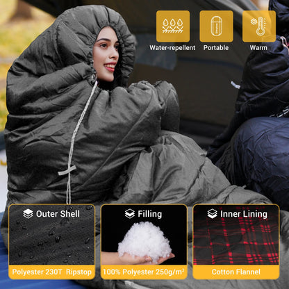 XL Cotton Flannel Sleeping Bag for Adults – Oversized Weatherproof 3-Season Camping Sleeping Bag with Hood, Warm Soft Flannel Interior for Camping, Hiking, Backpacking & Outdoor Adventures