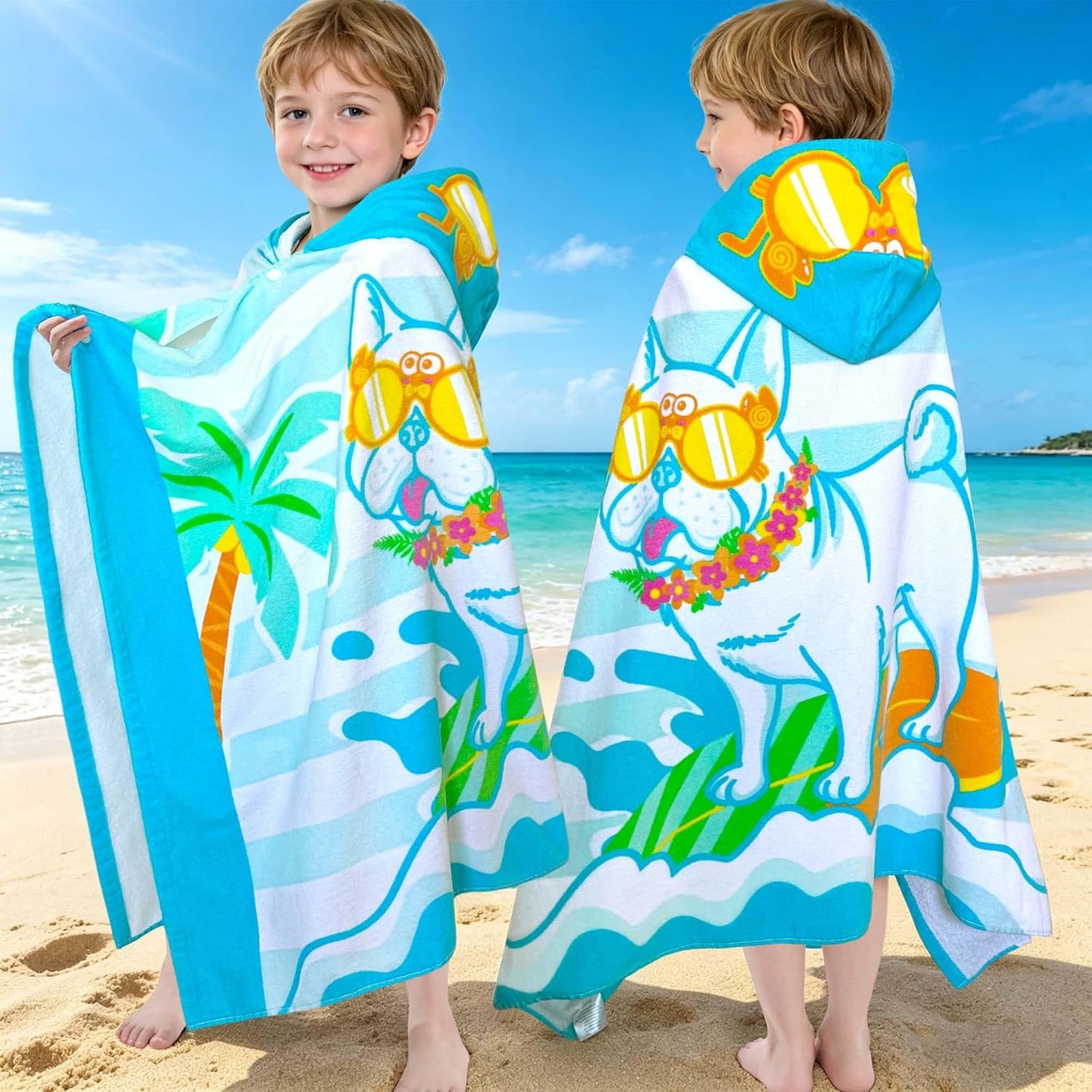 Kids Hooded Beach Towels – 100% Cotton Ultra Absorbent Bath & Pool Poncho for Boys & Girls Ages 3–8, Large Wearable Swim Wrap Gift (30”x50”)