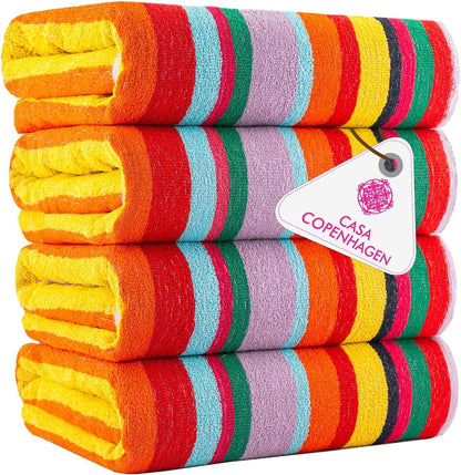 4-Piece Oversized Cabana Beach Towel Set – 100% Cotton Soft Absorbent Pool & Beach Towels, 30" x 60" Designer Stripe Summer Gift Set for Women & Men 