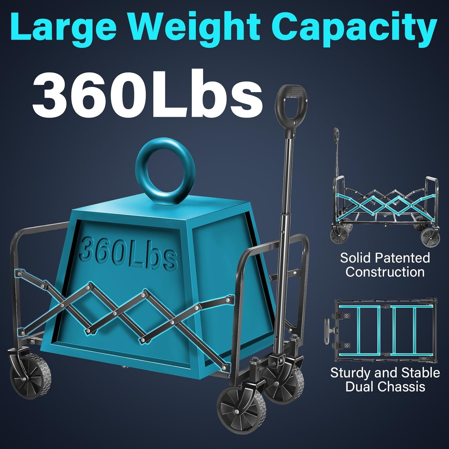 Heavy-Duty Foldable Wagon Cart with Wheels – Collapsible Utility Wagon for Beach, Camping, Groceries, Gardening, Sports & Travel, Portable Folding Wagon with 360 lb Capacity