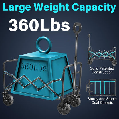 Heavy-Duty Foldable Wagon Cart with Wheels – Collapsible Utility Wagon for Beach, Camping, Groceries, Gardening, Sports & Travel, Portable Folding Wagon with 360 lb Capacity