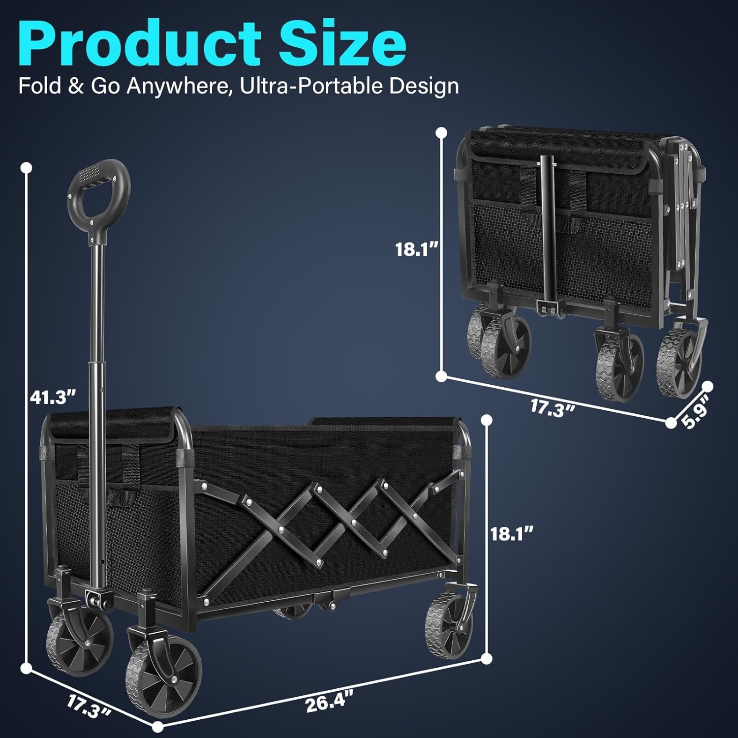 Heavy-Duty Foldable Wagon Cart with Wheels – Collapsible Utility Wagon for Beach, Camping, Groceries, Gardening, Sports & Travel, Portable Folding Wagon with 360 lb Capacity