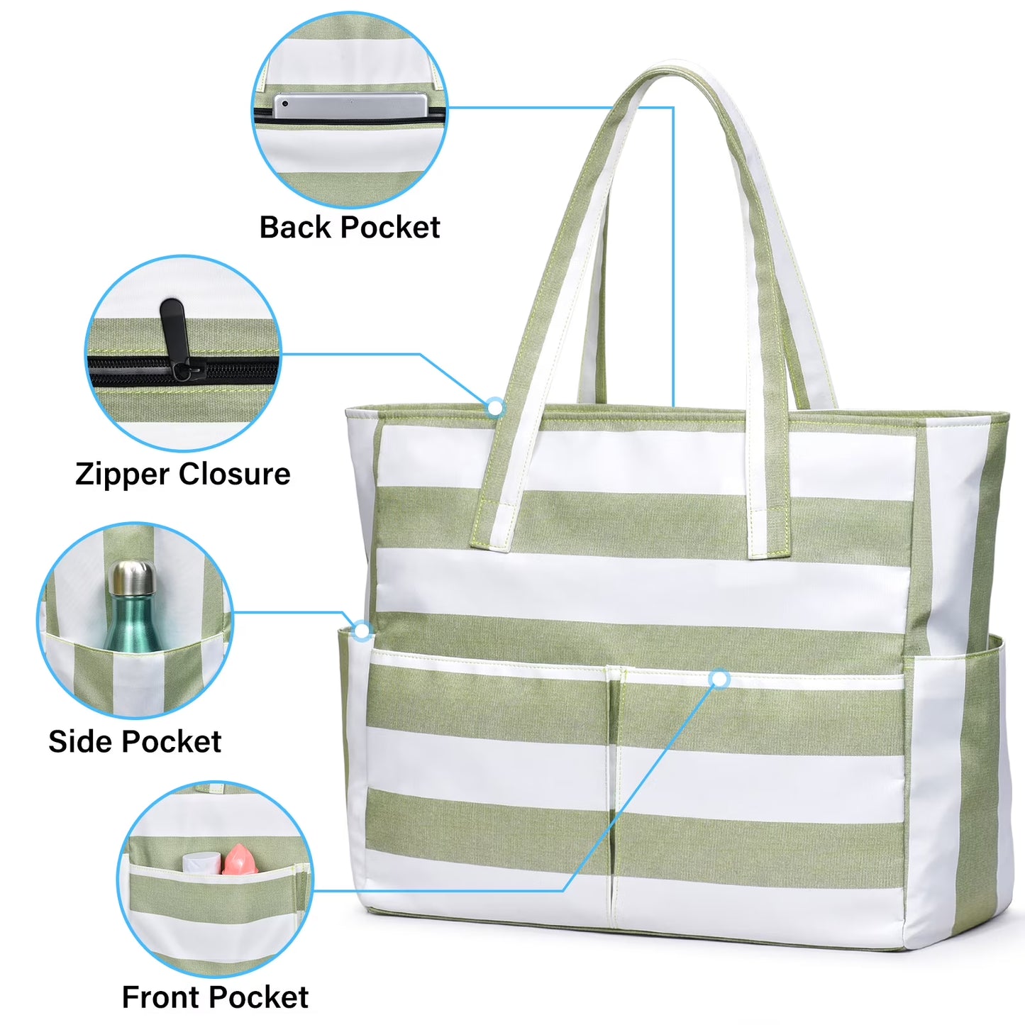 Large Waterproof Beach Tote Bag for Women – Sandproof Beach Bag with Wet Pocket, Zip-Top Swim & Pool Tote, Spacious Travel Carryall for Beach, Vacation, Camping & Summer Essentials