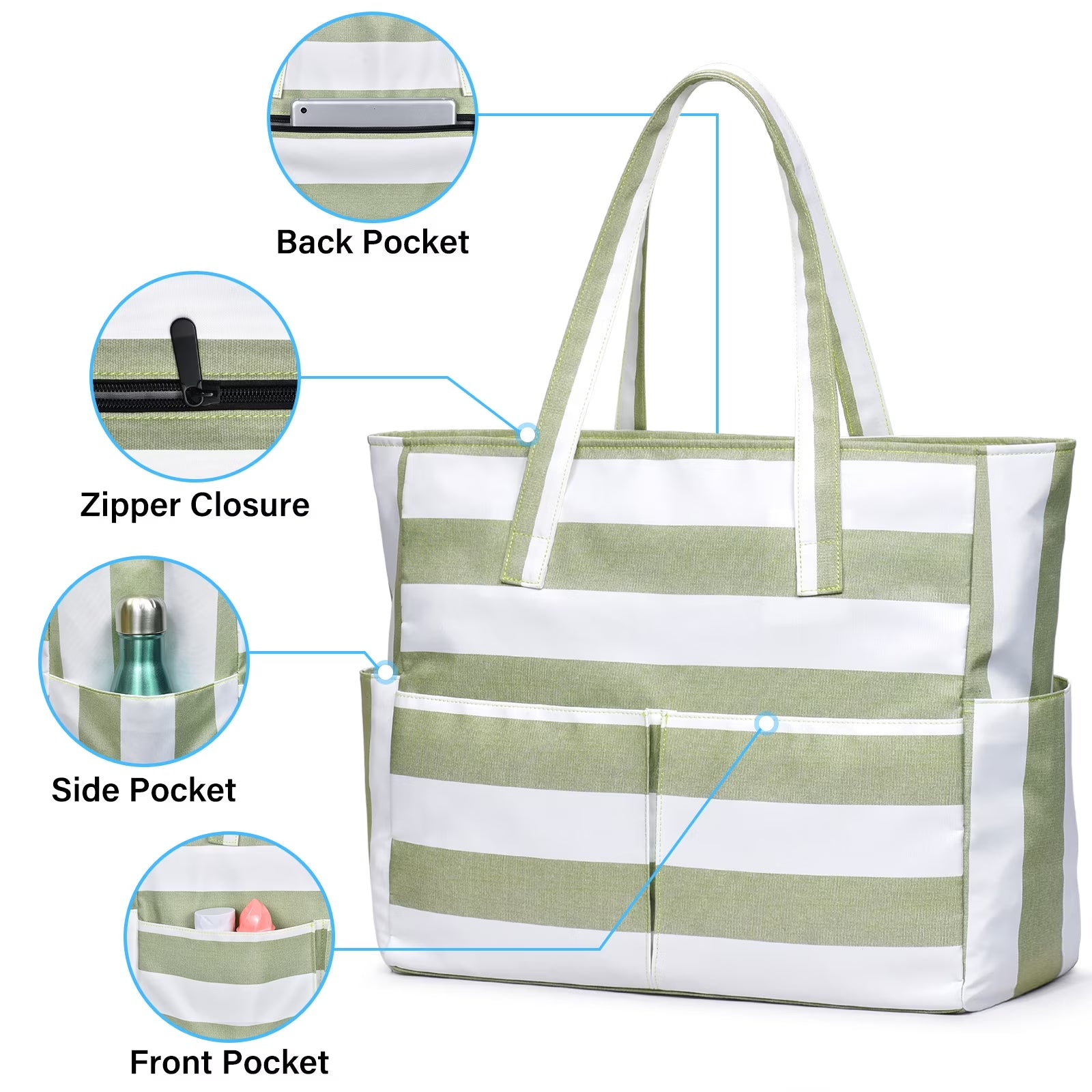 Large Waterproof Beach Tote Bag for Women – Sandproof Beach Bag with Wet Pocket, Zip-Top Swim & Pool Tote, Spacious Travel Carryall for Beach, Vacation, Camping & Summer Essentials