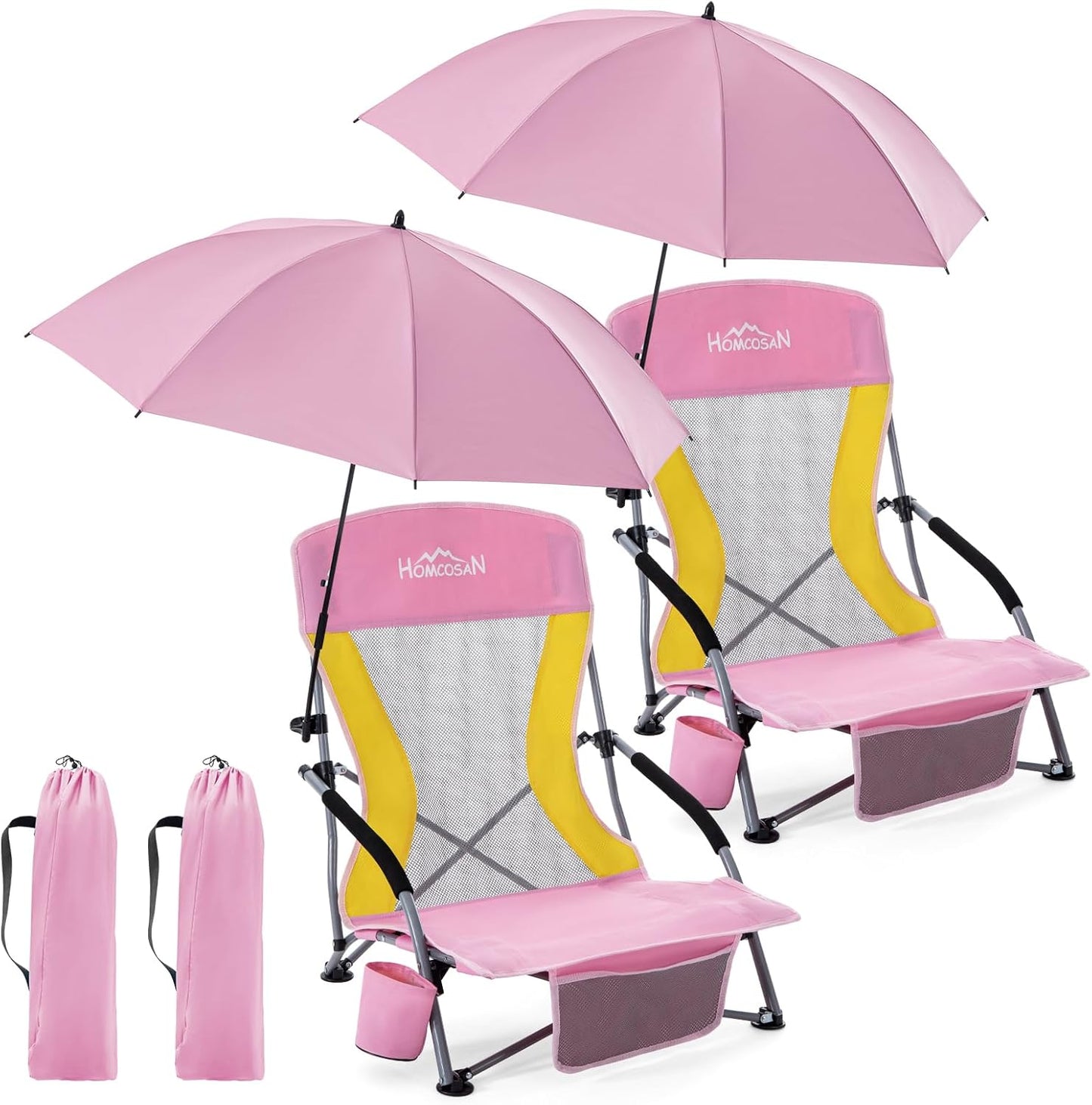 Portable Folding Beach Chair with Detachable Sun Umbrella – Lightweight Camping & Beach Chair with Cup Holder, Storage Pocket & Carry Bag for Adults
