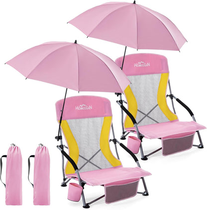 Portable Folding Beach Chair with Detachable Sun Umbrella – Lightweight Camping & Beach Chair with Cup Holder, Storage Pocket & Carry Bag for Adults