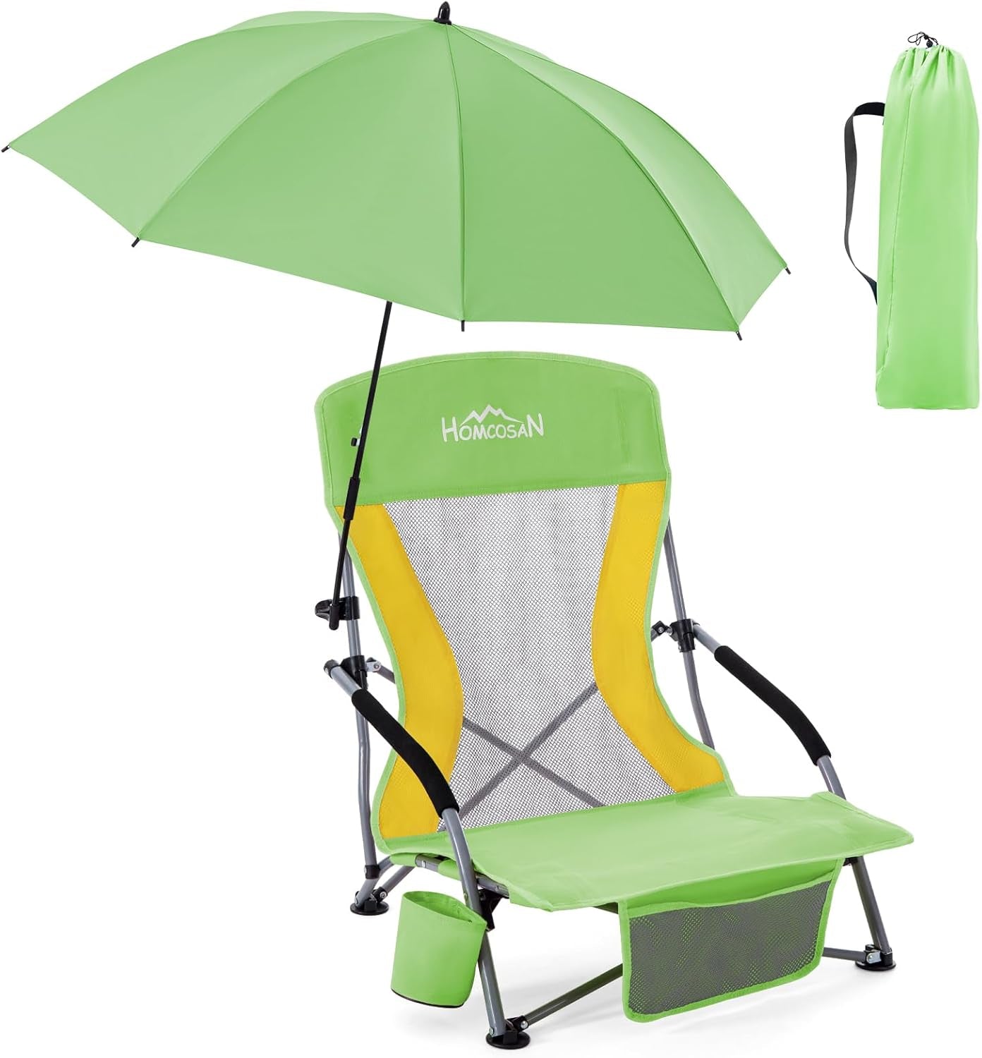 Portable Folding Beach Chair with Detachable Sun Umbrella – Lightweight Camping & Beach Chair with Cup Holder, Storage Pocket & Carry Bag for Adults