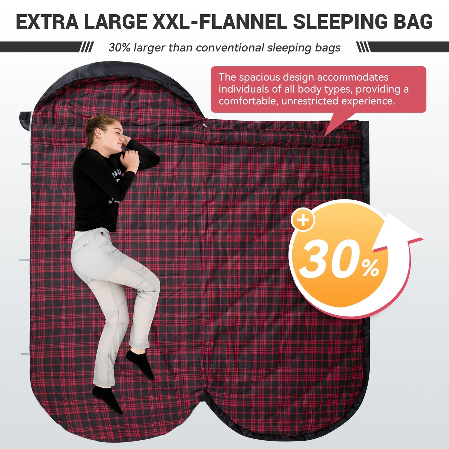 XL Cotton Flannel Sleeping Bag for Adults – Oversized Weatherproof 3-Season Camping Sleeping Bag with Hood, Warm Soft Flannel Interior for Camping, Hiking, Backpacking & Outdoor Adventures