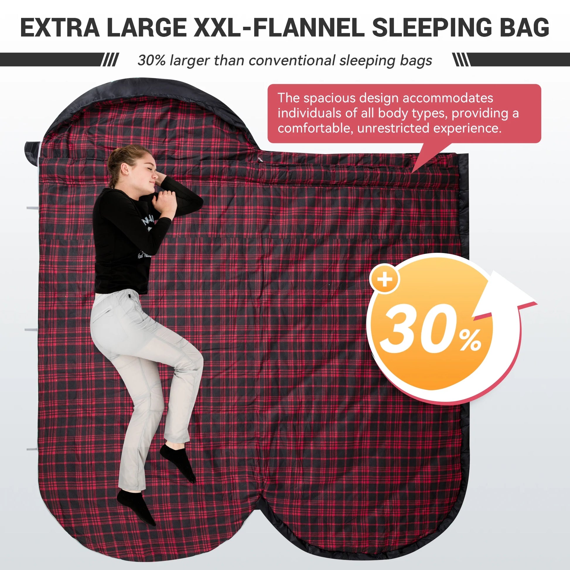 XL Cotton Flannel Sleeping Bag for Adults – Oversized Weatherproof 3-Season Camping Sleeping Bag with Hood, Warm Soft Flannel Interior for Camping, Hiking, Backpacking & Outdoor Adventures