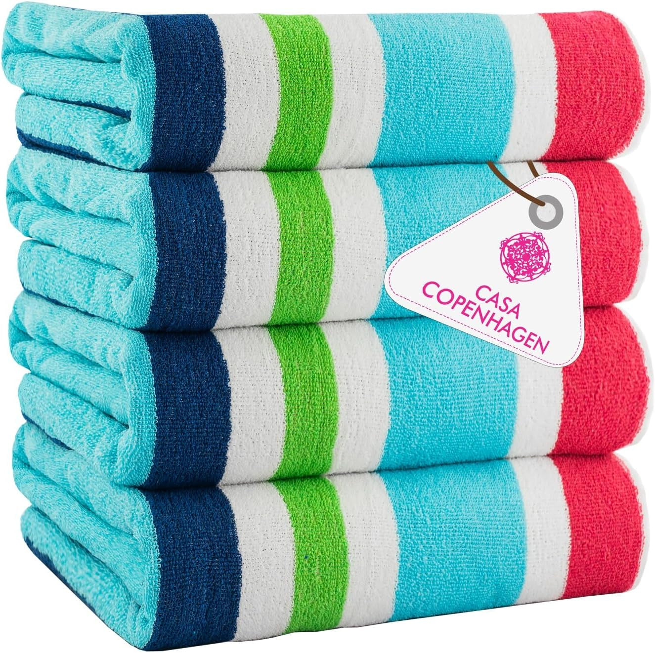 4-Piece Oversized Cabana Beach Towel Set – 100% Cotton Soft Absorbent Pool & Beach Towels, 30" x 60" Designer Stripe Summer Gift Set for Women & Men 
