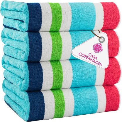 4-Piece Oversized Cabana Beach Towel Set – 100% Cotton Soft Absorbent Pool & Beach Towels, 30" x 60" Designer Stripe Summer Gift Set for Women & Men 