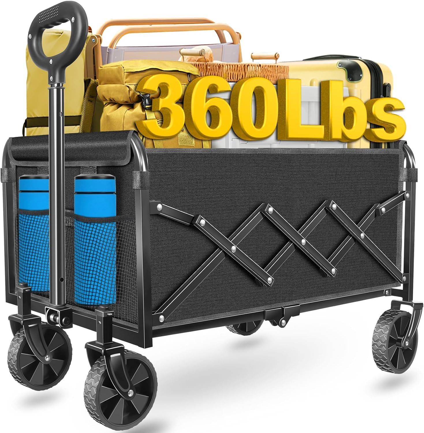 Heavy-Duty Foldable Wagon Cart with Wheels – Collapsible Utility Wagon for Beach, Camping, Groceries, Gardening, Sports & Travel, Portable Folding Wagon with 360 lb Capacity