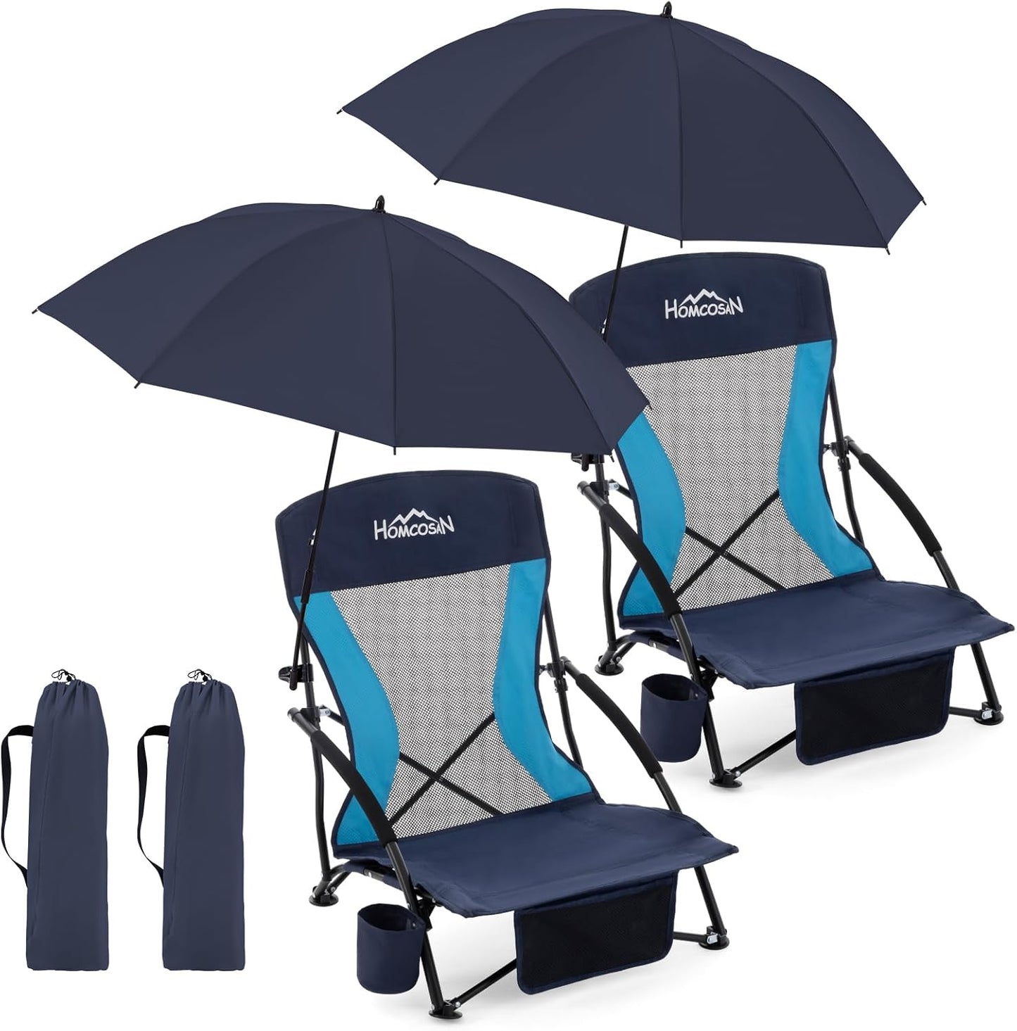 Portable Folding Beach Chair with Detachable Sun Umbrella – Lightweight Camping & Beach Chair with Cup Holder, Storage Pocket & Carry Bag for Adults