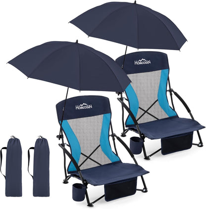 Portable Folding Beach Chair with Detachable Sun Umbrella – Lightweight Camping & Beach Chair with Cup Holder, Storage Pocket & Carry Bag for Adults