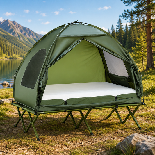 Outsunny 2 Person Camping Cot Tent with Air Mattress – Foldable Elevated Camping Bed with Rain Cover for Outdoor Camping & Hiking