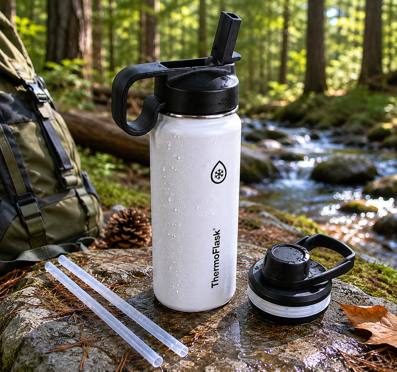 18oz Vacuum Insulated Stainless Steel Water Bottle – Double Wall Reusable Metal Bottle with Leakproof Straw & Chug Lids, Keeps Drinks Cold for 24 Hours & Hot for 12 Hours, Sports & Travel Water Bottle (White)