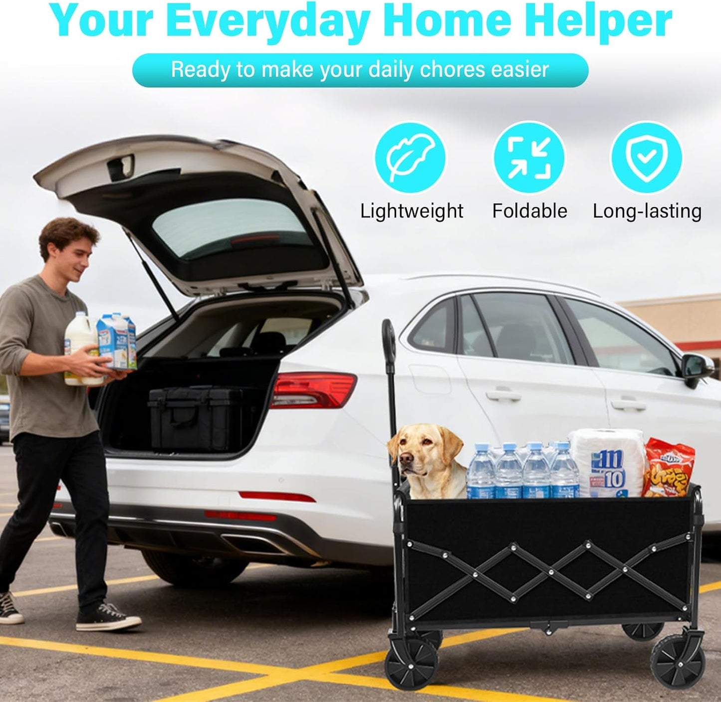 Heavy-Duty Foldable Wagon Cart with Wheels – Collapsible Utility Wagon for Beach, Camping, Groceries, Gardening, Sports & Travel, Portable Folding Wagon with 360 lb Capacity