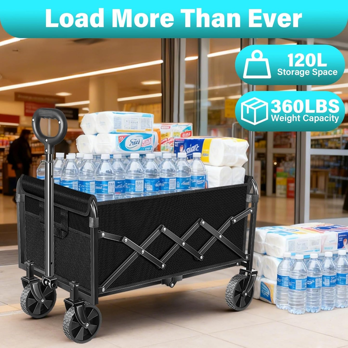 Heavy-Duty Foldable Wagon Cart with Wheels – Collapsible Utility Wagon for Beach, Camping, Groceries, Gardening, Sports & Travel, Portable Folding Wagon with 360 lb Capacity