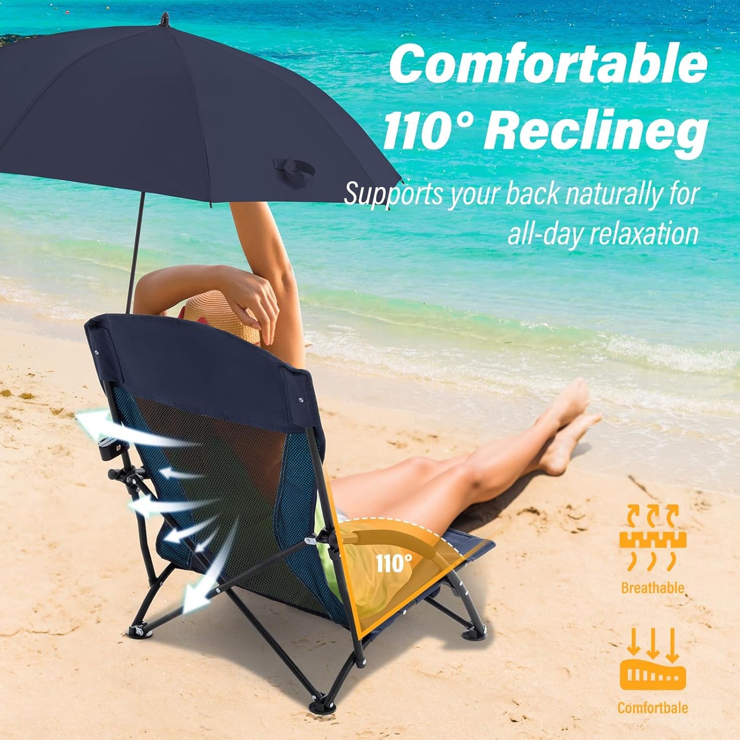 Portable Folding Beach Chair with Detachable Sun Umbrella – Lightweight Camping & Beach Chair with Cup Holder, Storage Pocket & Carry Bag for Adults