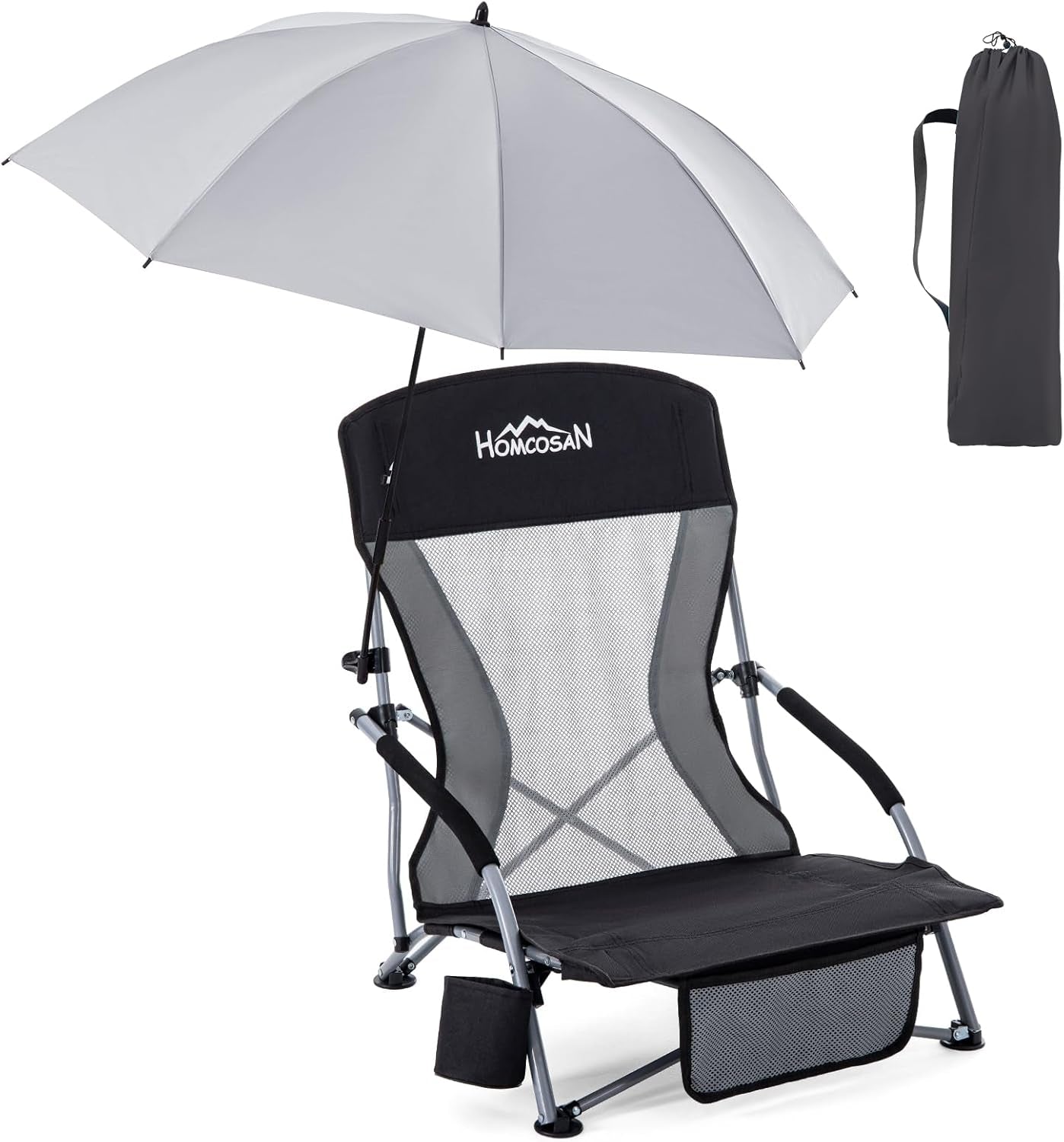 Portable Folding Beach Chair with Detachable Sun Umbrella – Lightweight Camping & Beach Chair with Cup Holder, Storage Pocket & Carry Bag for Adults
