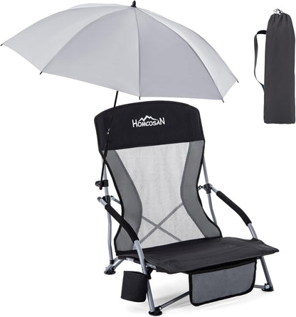 Portable Folding Beach Chair with Detachable Sun Umbrella – Lightweight Camping & Beach Chair with Cup Holder, Storage Pocket & Carry Bag for Adults