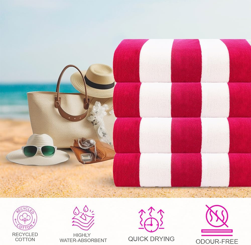 4-Piece Oversized Cabana Beach Towel Set – 100% Cotton Soft Absorbent Pool & Beach Towels, 30" x 60" Designer Stripe Summer Gift Set for Women & Men 