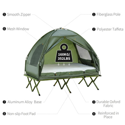 Outsunny 2 Person Camping Cot Tent with Air Mattress – Foldable Elevated Camping Bed with Rain Cover for Outdoor Camping & Hiking