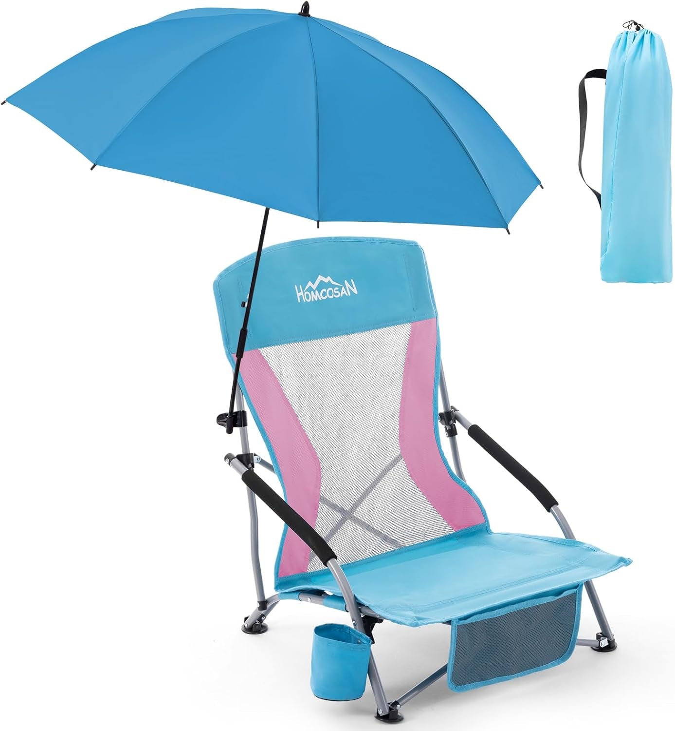 Portable Folding Beach Chair with Detachable Sun Umbrella – Lightweight Camping & Beach Chair with Cup Holder, Storage Pocket & Carry Bag for Adults