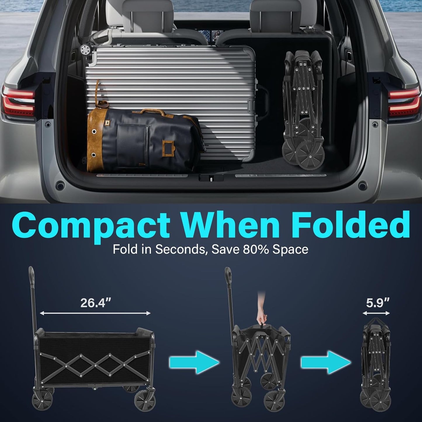 Heavy-Duty Foldable Wagon Cart with Wheels – Collapsible Utility Wagon for Beach, Camping, Groceries, Gardening, Sports & Travel, Portable Folding Wagon with 360 lb Capacity