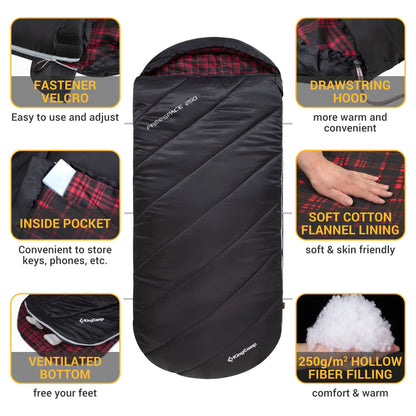 XL Cotton Flannel Sleeping Bag for Adults – Oversized Weatherproof 3-Season Camping Sleeping Bag with Hood, Warm Soft Flannel Interior for Camping, Hiking, Backpacking & Outdoor Adventures