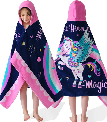 Kids Hooded Beach Towels – 100% Cotton Ultra Absorbent Bath & Pool Poncho for Boys & Girls Ages 3–8, Large Wearable Swim Wrap Gift (30”x50”)