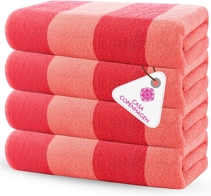 4-Piece Oversized Cabana Beach Towel Set – 100% Cotton Soft Absorbent Pool & Beach Towels, 30" x 60" Designer Stripe Summer Gift Set for Women & Men 