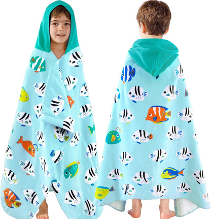 Kids Hooded Beach Towels – 100% Cotton Ultra Absorbent Bath & Pool Poncho for Boys & Girls Ages 3–8, Large Wearable Swim Wrap Gift (30”x50”)