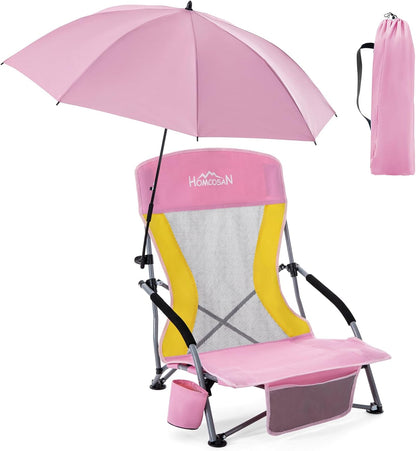 Portable Folding Beach Chair with Detachable Sun Umbrella – Lightweight Camping & Beach Chair with Cup Holder, Storage Pocket & Carry Bag for Adults
