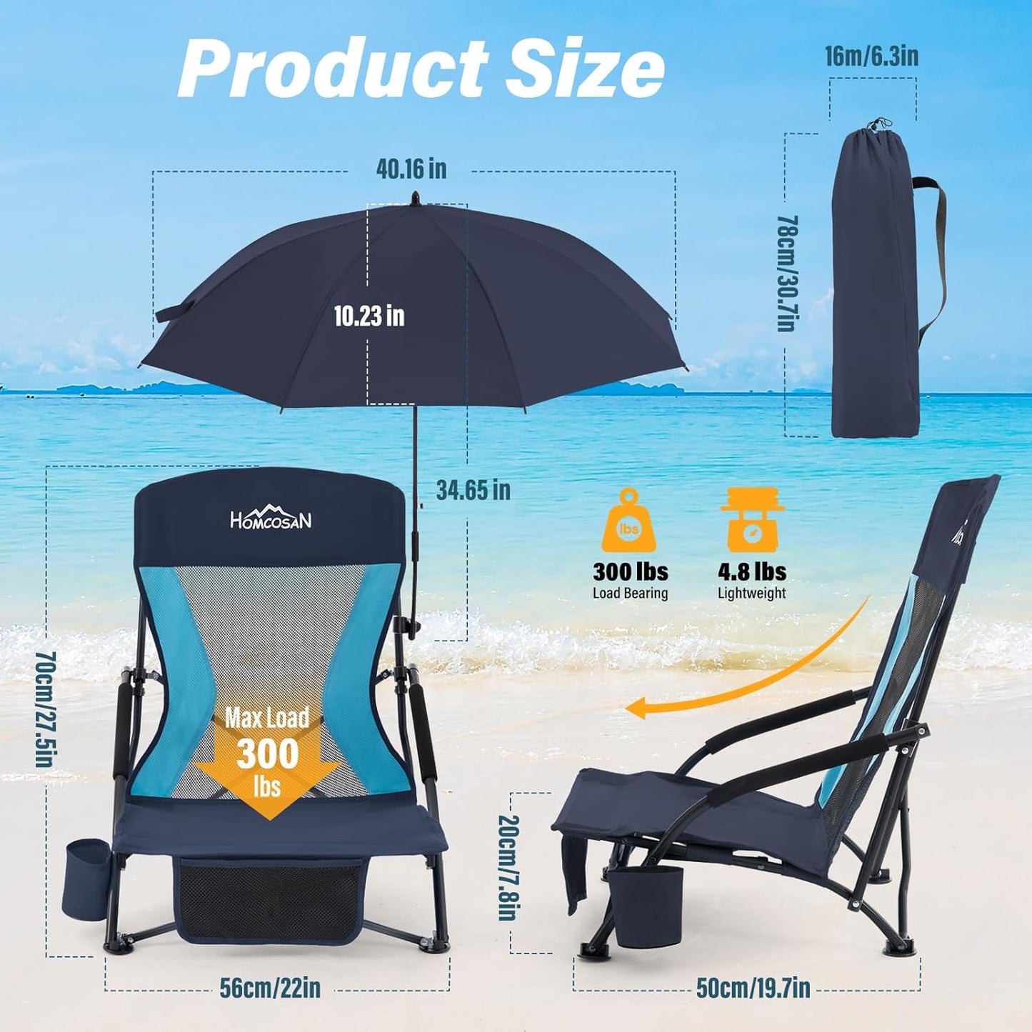 Portable Folding Beach Chair with Detachable Sun Umbrella – Lightweight Camping & Beach Chair with Cup Holder, Storage Pocket & Carry Bag for Adults