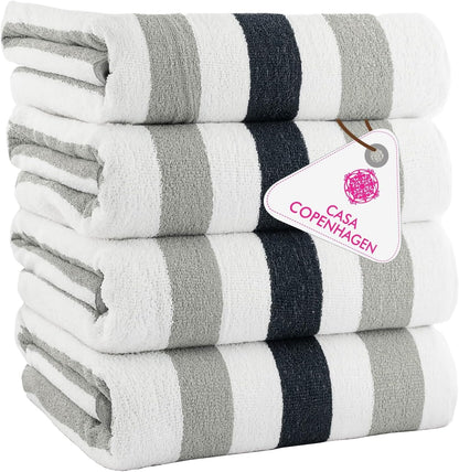 4-Piece Oversized Cabana Beach Towel Set – 100% Cotton Soft Absorbent Pool & Beach Towels, 30" x 60" Designer Stripe Summer Gift Set for Women & Men 