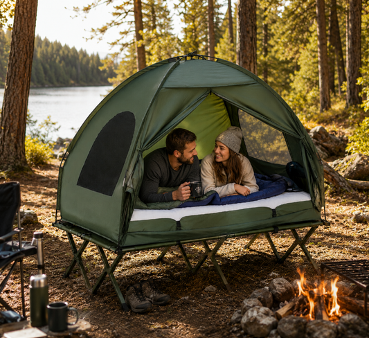 Outsunny 2 Person Camping Cot Tent with Air Mattress – Foldable Elevated Camping Bed with Rain Cover for Outdoor Camping & Hiking Sumatime
