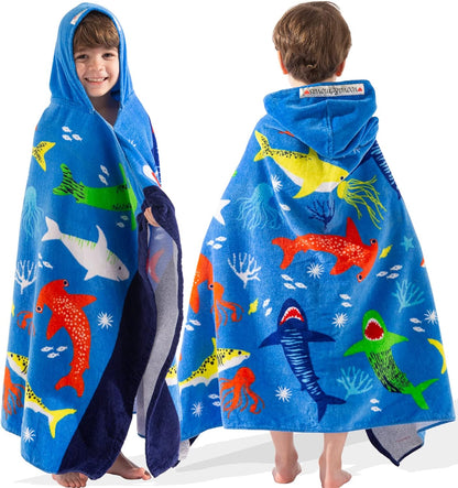 Kids Hooded Beach Towels – 100% Cotton Ultra Absorbent Bath & Pool Poncho for Boys & Girls Ages 3–8, Large Wearable Swim Wrap Gift (30”x50”)