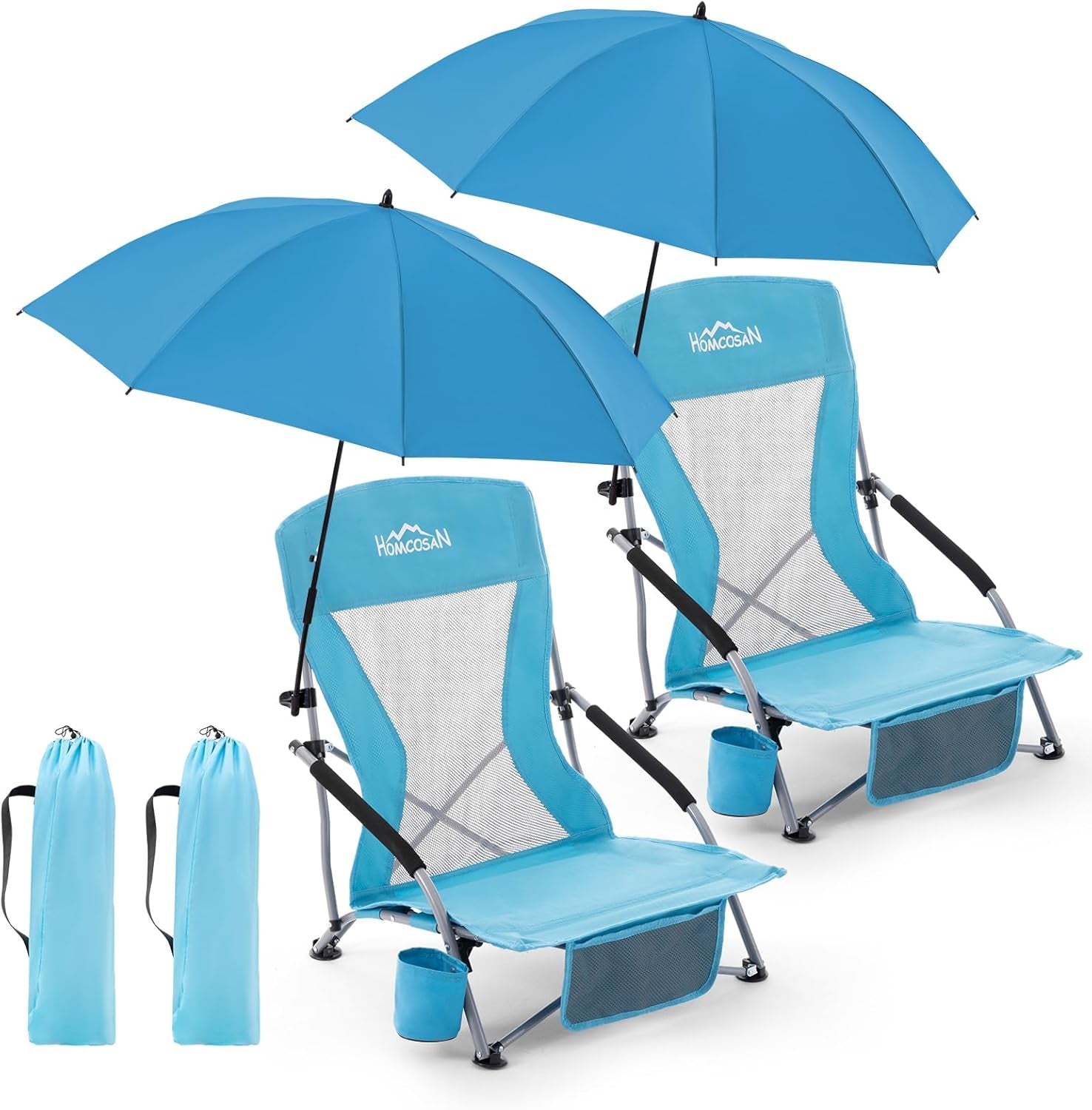 Portable Folding Beach Chair with Detachable Sun Umbrella – Lightweight Camping & Beach Chair with Cup Holder, Storage Pocket & Carry Bag for Adults