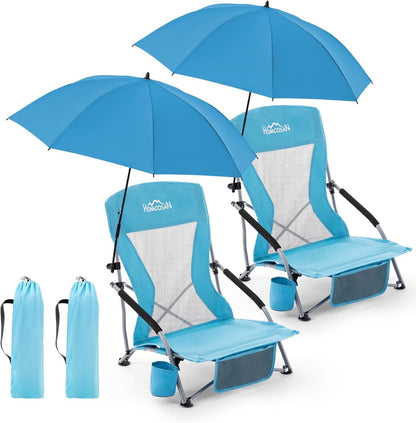 Portable Folding Beach Chair with Detachable Sun Umbrella – Lightweight Camping & Beach Chair with Cup Holder, Storage Pocket & Carry Bag for Adults