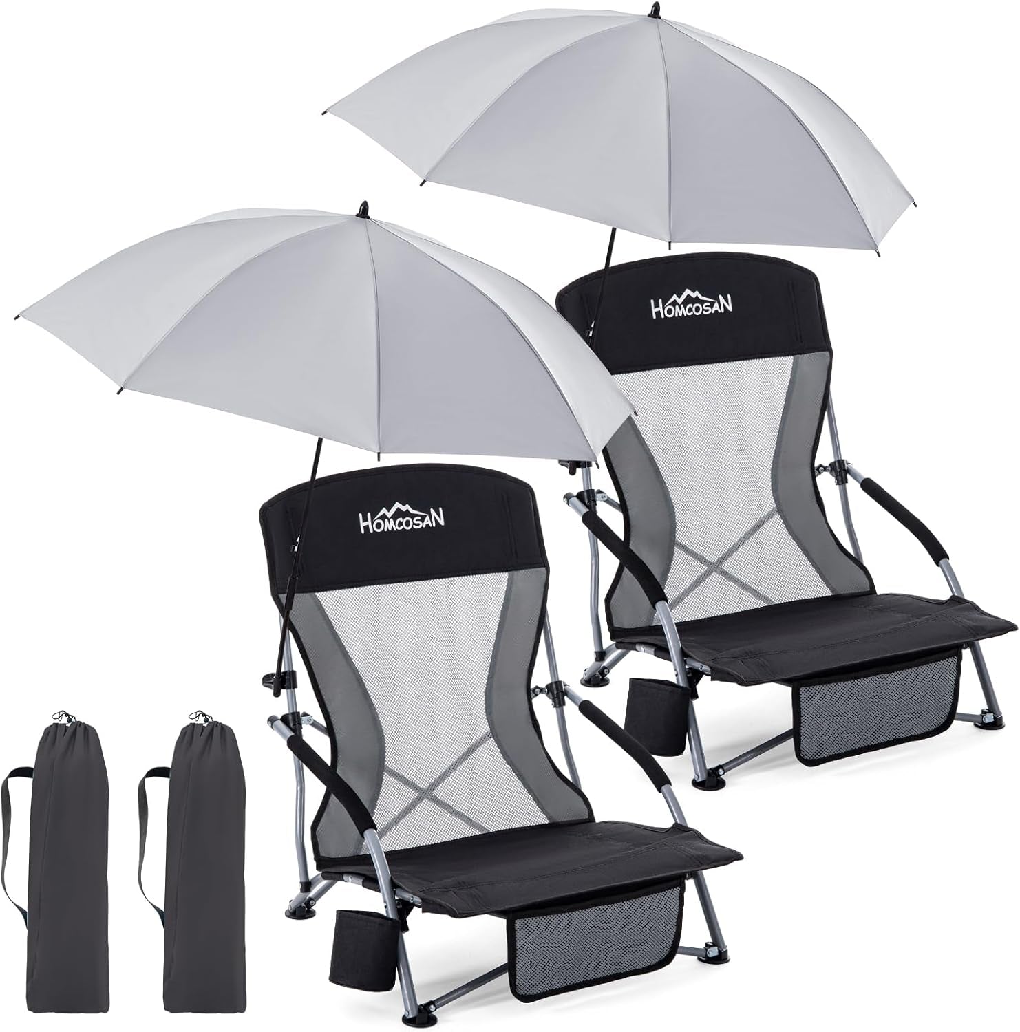 Portable Folding Beach Chair with Detachable Sun Umbrella – Lightweight Camping & Beach Chair with Cup Holder, Storage Pocket & Carry Bag for Adults