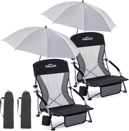 Portable Folding Beach Chair with Detachable Sun Umbrella – Lightweight Camping & Beach Chair with Cup Holder, Storage Pocket & Carry Bag for Adults