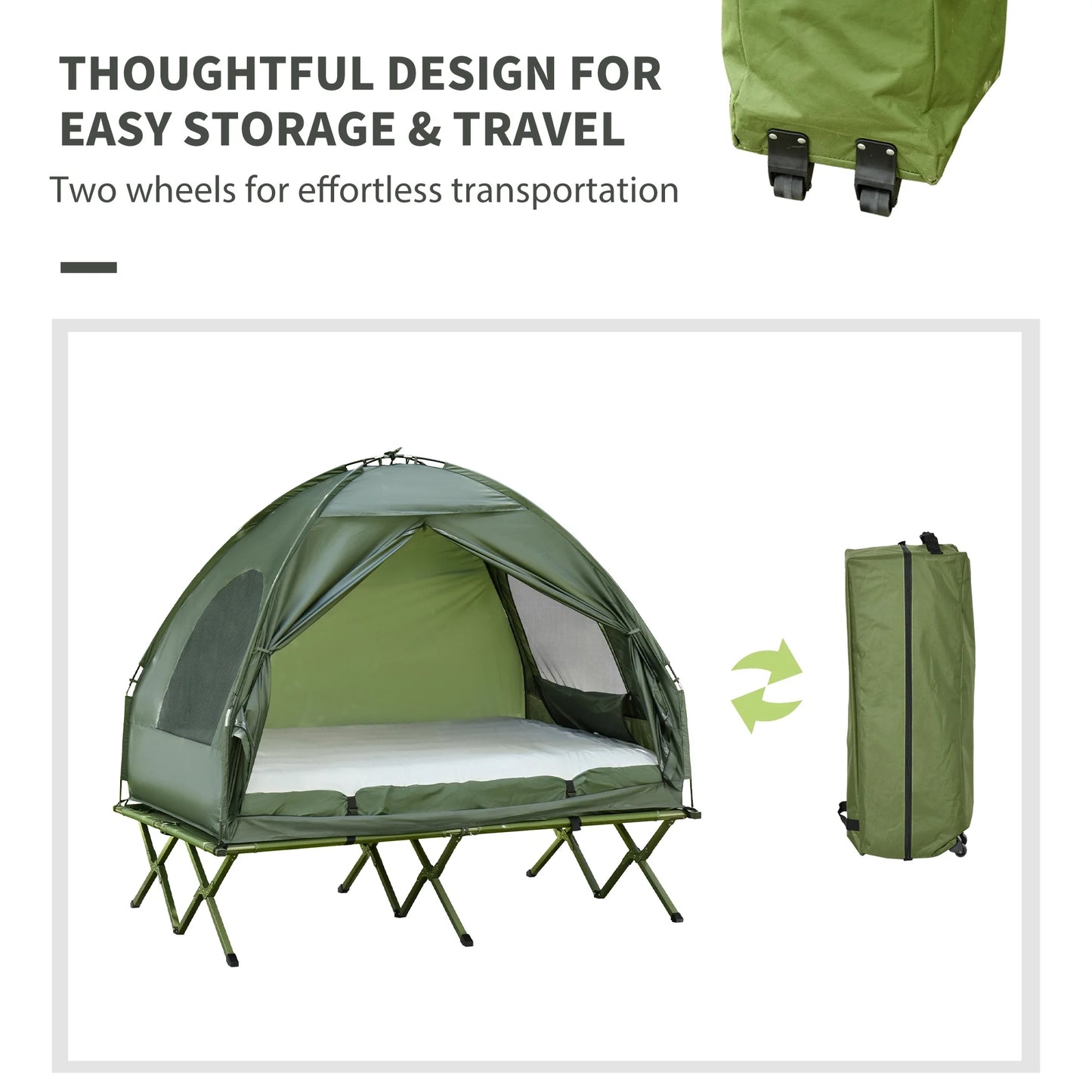 Outsunny 2 Person Camping Cot Tent with Air Mattress – Foldable Elevated Camping Bed with Rain Cover for Outdoor Camping & Hiking