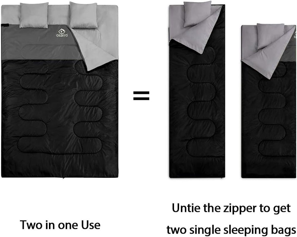 Double Sleeping Bag for Adults with 2 Pillows – Queen Size XL Waterproof Sleeping Bag for 2 People, All-Season Camping Sleeping Bag for Cold & Warm Weather, Hiking, Backpacking & Outdoor Adventures