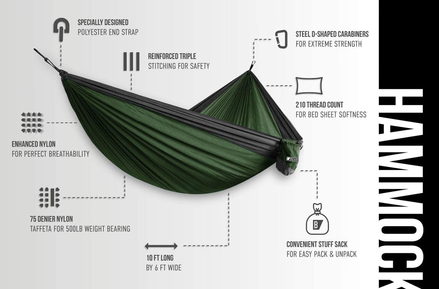 Bear Butt Double Camping Hammock – Lightweight Portable 2 Person Hammock for Camping, Hiking, Backpacking & Travel