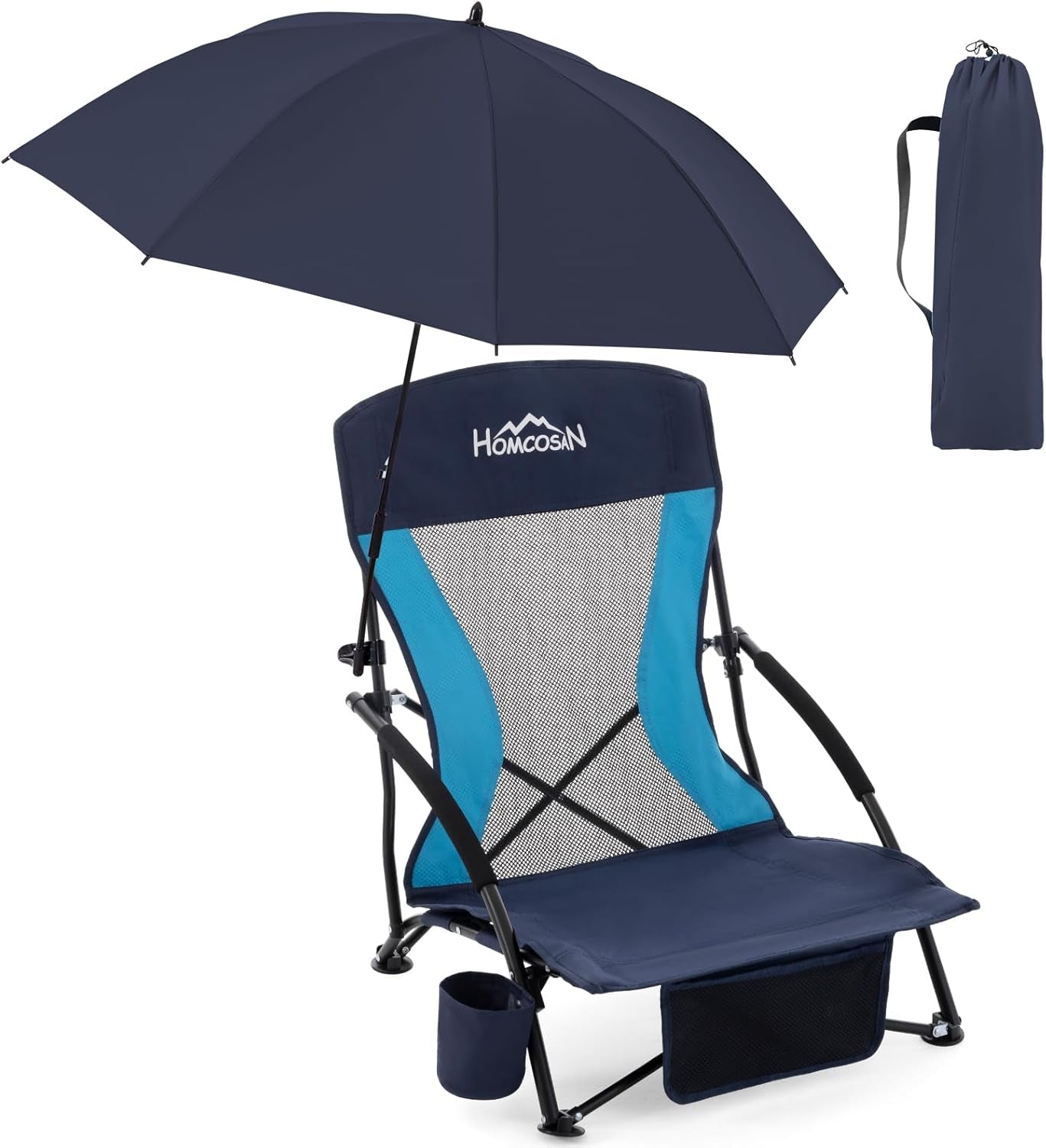 Portable Folding Beach Chair with Detachable Sun Umbrella – Lightweight Camping & Beach Chair with Cup Holder, Storage Pocket & Carry Bag for Adults