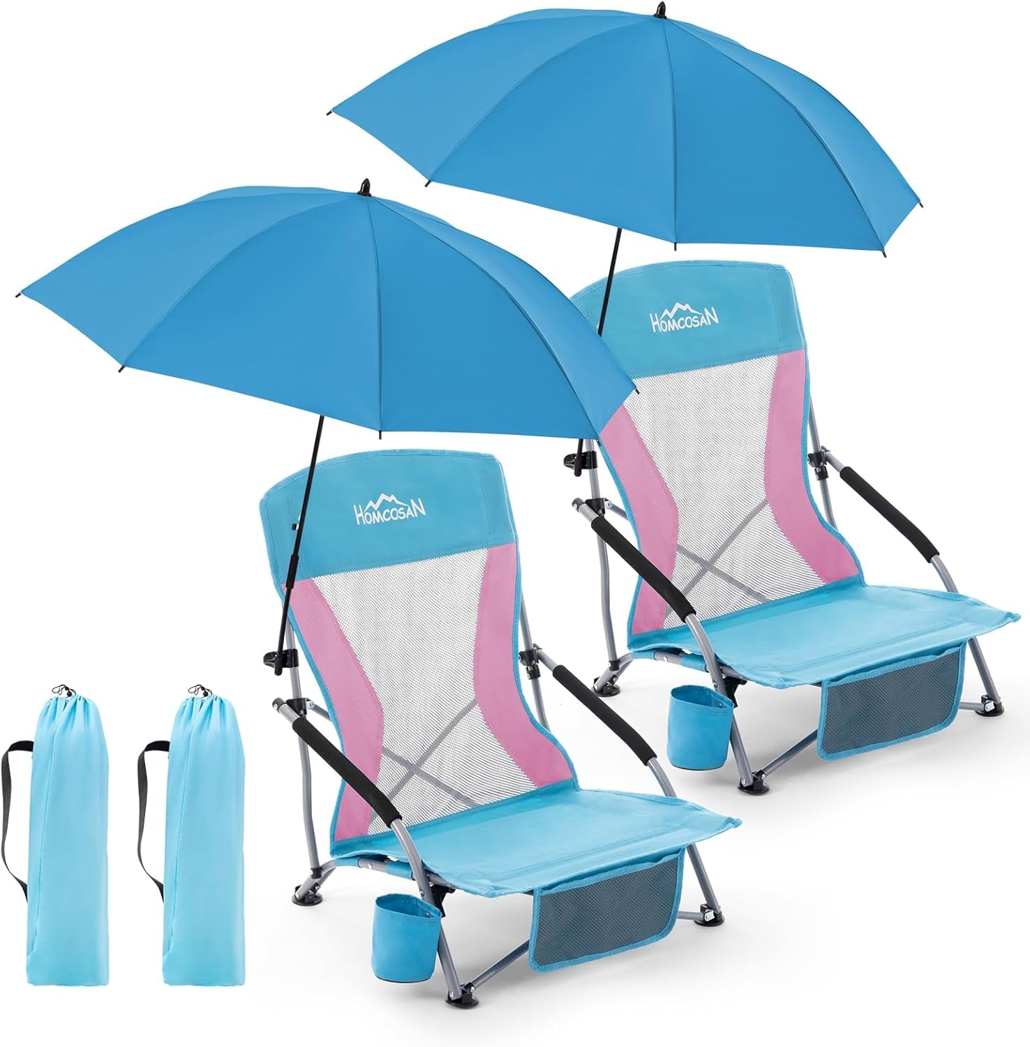 Portable Folding Beach Chair with Detachable Sun Umbrella – Lightweight Camping & Beach Chair with Cup Holder, Storage Pocket & Carry Bag for Adults