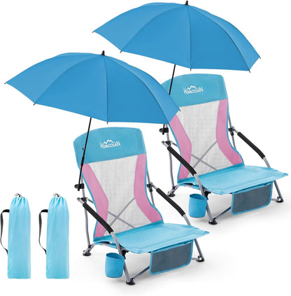 Portable Folding Beach Chair with Detachable Sun Umbrella – Lightweight Camping & Beach Chair with Cup Holder, Storage Pocket & Carry Bag for Adults