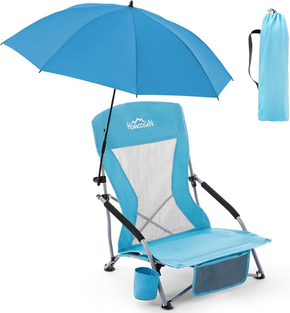 Portable Folding Beach Chair with Detachable Sun Umbrella – Lightweight Camping & Beach Chair with Cup Holder, Storage Pocket & Carry Bag for Adults